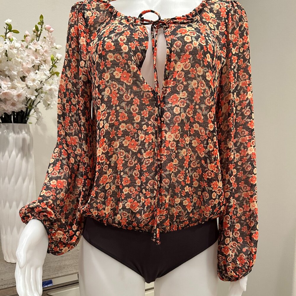 Free People Semi‎ Sheer Floral Print Long Sleeve Tie Neckline Bodysuit